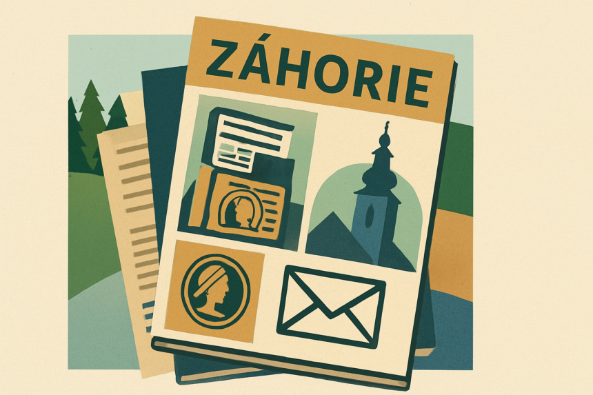 Ilustrácia tlačených vydaní časopisu Záhorie, staré a nové čísla vedľa seba s obálkou a poštovým symbolom.