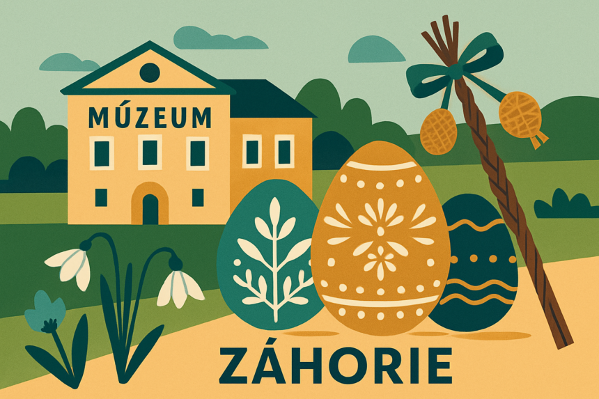 Ilustrácia veľkonočného pozdravu so symbolmi veľkej noci, múzeom v pozadí a jarnými kvetmi v štýle Záhoria