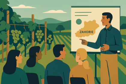 Ilustrácia vinohradníckej prednášky v Skalici s vinohradom a prednášajúcim pred skupinou ľudí