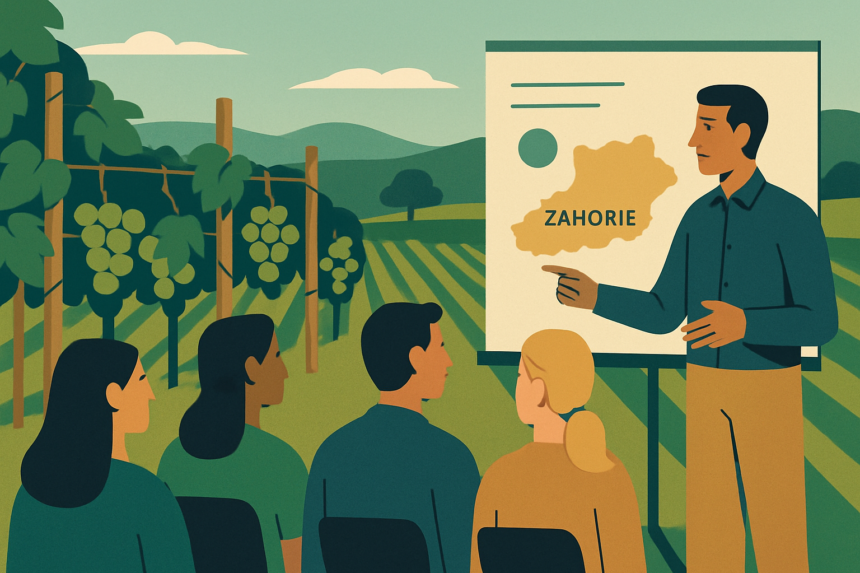 Ilustrácia vinohradníckej prednášky v Skalici s vinohradom a prednášajúcim pred skupinou ľudí