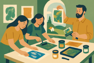 Ilustrácia výtvarného workshopu monotypie so zobrazením ľudí tvoriacich farebné odtlačky v ateliéri.