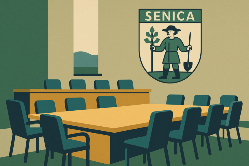 Ilustrácia zasadacej miestnosti mestského úradu v Senici s veľkým stolom, stoličkami a mestským erbom na stene.