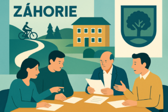 Ilustrácia zasadnutia mestského zastupiteľstva v Senici s témami cyklotrasy a modernizácie školy