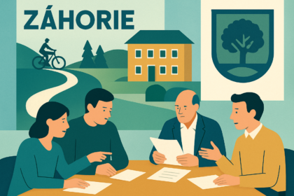 Ilustrácia zasadnutia mestského zastupiteľstva v Senici s témami cyklotrasy a modernizácie školy