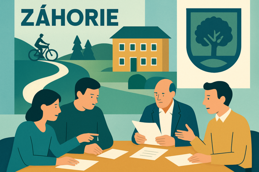 Ilustrácia zasadnutia mestského zastupiteľstva v Senici s témami cyklotrasy a modernizácie školy