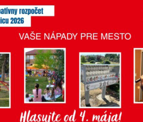 Ilustratívny plagát k participatívnemu rozpočtu v meste Senica s textom "Vaše nápady pre mesto" a výzvou na hlasovanie od 4. mája.