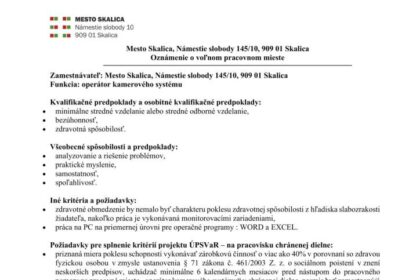 Informačný plagát o výberovom konaní na pozíciu operátora kamerového systému v meste Skalica s podrobnosťami o požiadavkách, náplni práce a termíne podania žiadostí.