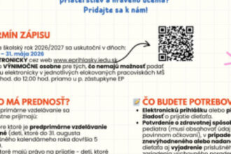 Informačný plagát o zápise detí do materských škôl v Senici na školský rok 2026/2027 s termínmi a pokynmi pre rodičov.
