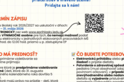 Informačný plagát o zápise detí do materských škôl v Senici na školský rok 2026/2027 s termínmi a pokynmi pre rodičov.