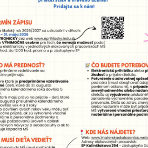 Informačný plagát o zápise detí do materských škôl v Senici na školský rok 2026/2027 s termínmi a pokynmi pre rodičov.