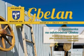 Obálka aprílového vydania mesačníka Gbelan, zobrazuje jarné trhy na Stárnisku so slnkom, jedlom a pohodovou atmosférou.