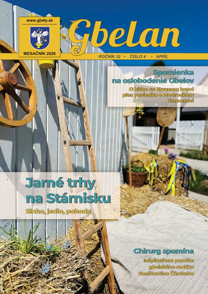 Obálka aprílového vydania mesačníka Gbelan, zobrazuje jarné trhy na Stárnisku so slnkom, jedlom a pohodovou atmosférou.