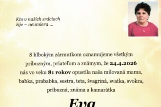 Oznámenie o úmrtí Evy Markusovej, rodenej Vittekovej zo Senice, s informáciami o poslednej rozlúčke a prosbou o nekvety a vencoch.