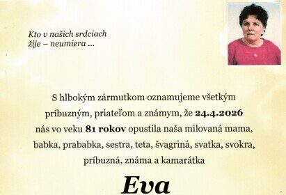 Oznámenie o úmrtí Evy Markusovej, rodenej Vittekovej zo Senice, s informáciami o poslednej rozlúčke a prosbou o nekvety a vencoch.