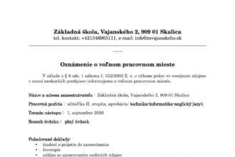 Oznámenie o voľnom pracovnom mieste pre učiteľa II. stupňa na techniku, informatiku a angličtinu na ZŠ Vajanského v Skalici s kontaktnými údajmi a podmienkami.