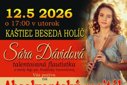 Plagát absolventského recitálu Sáry Dávidovej v Divadle BESEDA v Holíči 12. mája 2026 s informáciami o účinkujúcich a čase podujatia.