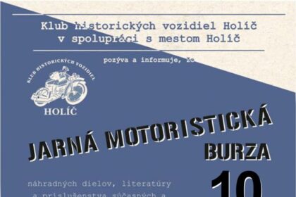 Plagát Jarná motoristická burza v Holíči, ktorá sa koná 10. mája 2026 v areáli Holíčskeho zámku, s informáciami o čase, vstupe a organizátoroch.