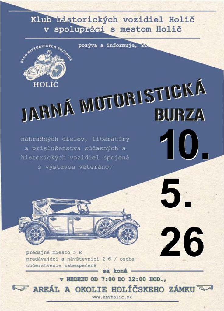 Plagát Jarná motoristická burza v Holíči, ktorá sa koná 10. mája 2026 v areáli Holíčskeho zámku, s informáciami o čase, vstupe a organizátoroch.