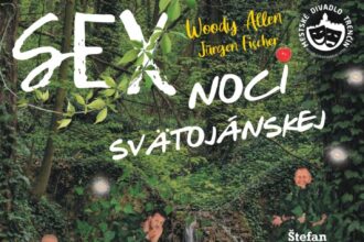 Plagát ku komédii Woodyho Allena Sex noci svätojánskej s informáciami o predstavení v Dome kultúry Gbely 15. mája 2026 o 19:00.