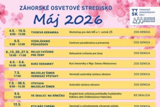 Plagát májových podujatí v Záhorskom osvetovom stredisku v Senici s programom tvorivej keramiky, vzdelávania pedagógov, relaxačných cvičení a výstav.