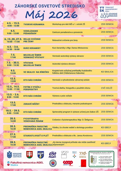 Plagát májových podujatí v Záhorskom osvetovom stredisku v Senici s programom tvorivej keramiky, vzdelávania pedagógov, relaxačných cvičení a výstav.