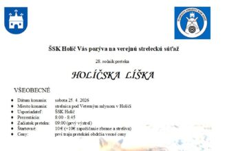 Plagát oznamujúci streleckú súťaž Holíčska líška 2026 so základnými informáciami o dátume, mieste a pravidlách súťaže na strelnici pod Veterným mlynom v Holíči.