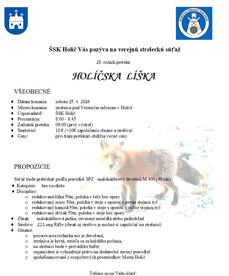 Plagát oznamujúci streleckú súťaž Holíčska líška 2026 so základnými informáciami o dátume, mieste a pravidlách súťaže na strelnici pod Veterným mlynom v Holíči.