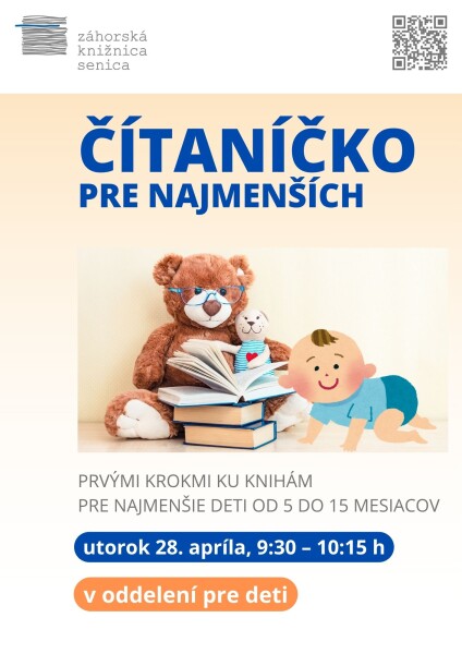 Plagát podujatia Čítaníčko pre najmenších v Záhorskej knižnici so základnými informáciami o čase, mieste a cieli akcie pre deti od 5 do 15 mesiacov.
