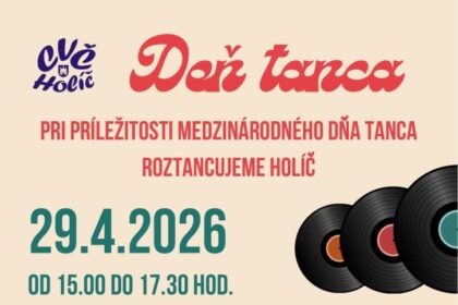 Plagát podujatia Deň tanca v Holíči s informáciami o dátume, čase a mieste konania v telocvični ZŠ Bernolákova.