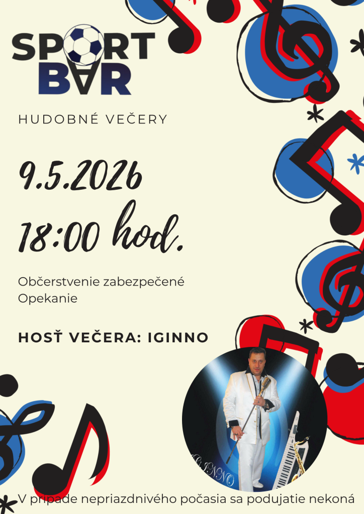 Plagát podujatia Hudobné večery v Holíči s dátumom 9. mája 2026, časom 18:00, hosťom IGINNO a informáciou o občerstvení a mieste konania na terase Športbaru.