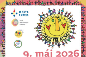 Plagát podujatia Míľa pre mamu v Senici s dátumom 9. máj 2026, časom registrácie a programu, uvedením moderátorky a účinkujúcich, vrátane loga a farebného dizajnu.