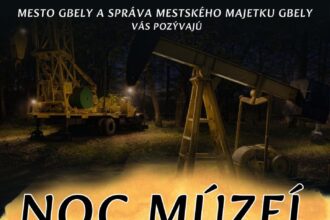 Plagát podujatia Noc múzeí a galérií v Gbeloch s dátumami 23. a 24. mája 2026 a programom nasvietenia historickej naftárskej techniky a otvorenej mestkej expozície.