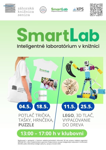 Plagát podujatia SmartLab v Záhorskej knižnici v Senici s informáciami o dátumoch a aktivitách v máji.