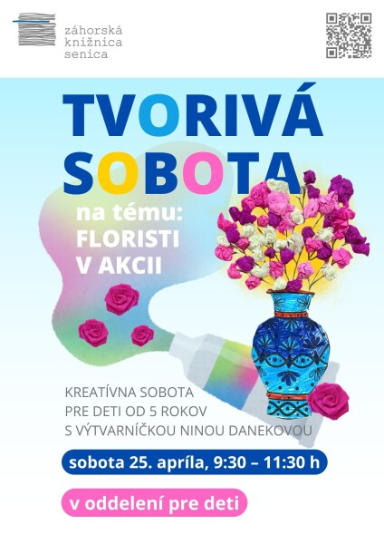 Plagát podujatia Tvorivá sobota s témou Floristi v akcii pre deti v Záhorskej knižnici Senica, apríl 2026.