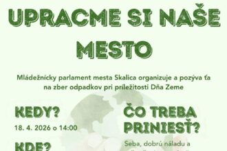 Plagát podujatia Upracme si naše mesto organizovaného Mládežníckym parlamentom mesta Skalica, s informáciami o dátume, mieste a pozvaní na komunitné jarné upratovanie mesta Skalica.