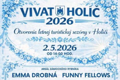 Plagát podujatia VIVAT HOLÍČ 2026 s dátumom 2. máj 2026, miestom areál zámockého rybníka v Holíči a programom vrátane hudobných vystúpení a atrakcií pre deti.