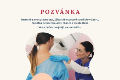 Plagát pozvánky na prednášku o skríningu prsníkov v Holíči 28. apríla 2026 s informáciami o mieste, čase a prednášajúcich.