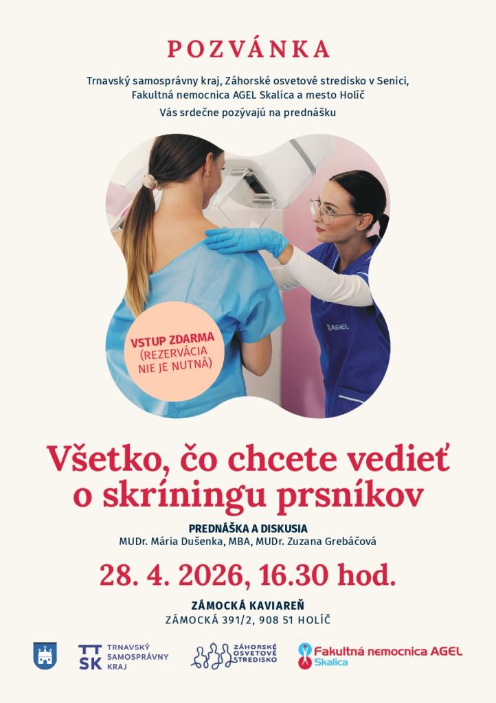 Plagát pozvánky na prednášku o skríningu prsníkov v Holíči 28. apríla 2026 s informáciami o mieste, čase a prednášajúcich.