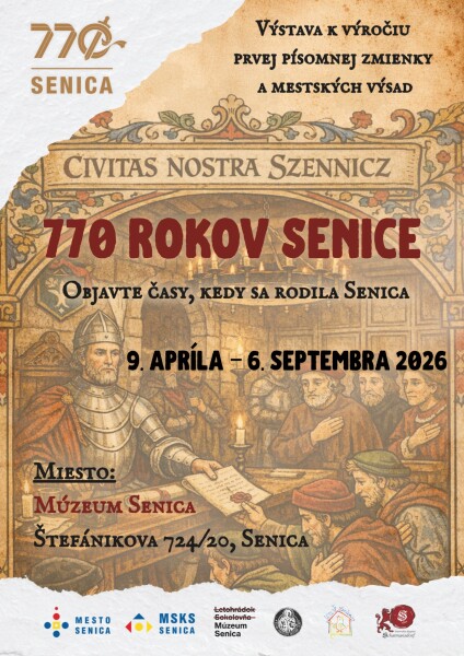Plagát výstavy 770 rokov Senice s informáciami o dátumoch a mieste konania v Múzeu Senica.