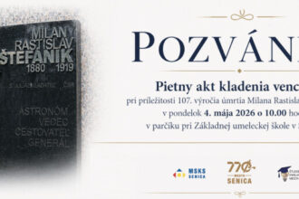 Pozvánka na pietny akt k 107. výročiu úmrtia Milana Rastislava Štefánika v Senici, s dátumom, časom a miestom konania podujatia.