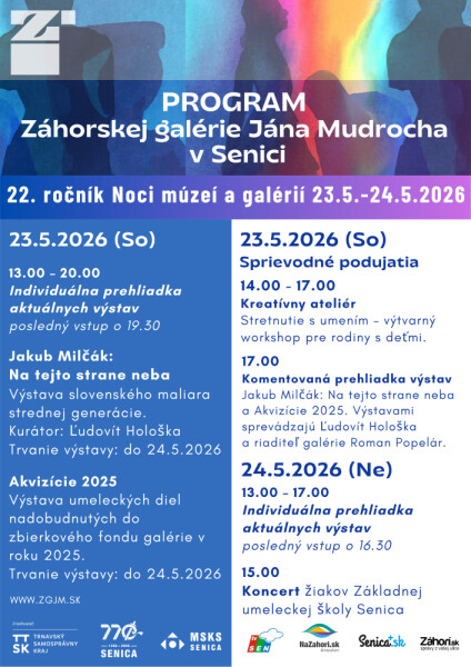 Program Záhorskej galérie Jána Mudrocha v Senici na máj 2026 s detailmi Noci múzeí a galérií a výstavami.