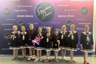 Skupina detí v čiernych kostýmoch s bielymi pruhmi, držia medaily a diplomy po tanečnej súťaži, na pozadí logo Showtime Dance.