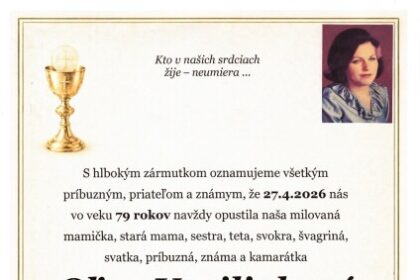 Smútočné oznámenie s menom Oľga Vasiliaková, dátumom úmrtia a informáciami o poslednej rozlúčke v dome smútku v Senici.