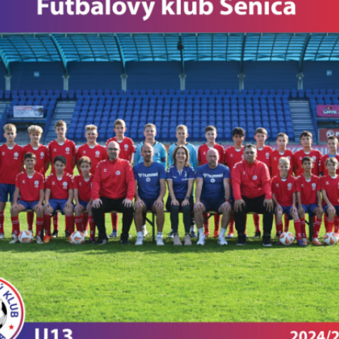Tím mladých futbalistov FK Senica kategórie U13 s trénermi na štadióne v roku 2024/2025.