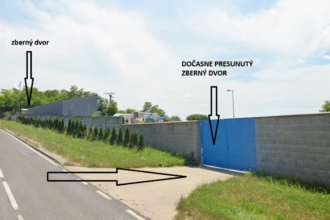 Zberný dvor v Holíči s nápisom o dočasnom presune zberného dvora počas rekonštrukcie.