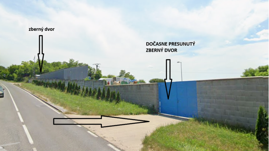 Zberný dvor v Holíči s nápisom o dočasnom presune zberného dvora počas rekonštrukcie.