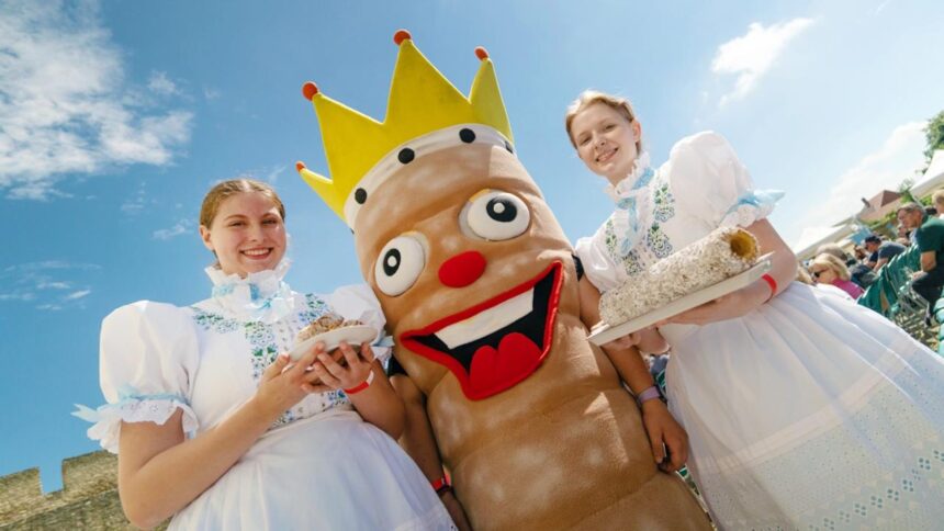 Dve dievčatá v tradičných krojoch držia tanieriky s koláčikmi, medzi nimi stojí maskot v tvare koláča s korunkou, na pozadí je jasná obloha a ľudia na festivale.