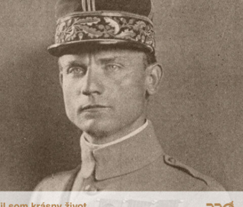 Historická fotografia Milana Rastislava Štefánika v uniforme s citátom a logom 770 SENICA.