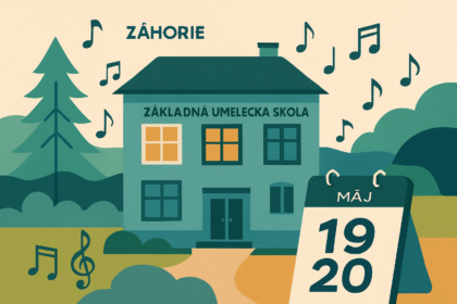 Ilustrácia budovy hudobnej školy so zvýraznenými oknami na výmenu, noty a kalendár s dátumami 19. a 20. mája.