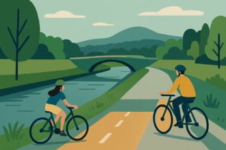 Ilustrácia cyklotrasy pri Baťovom kanáli so zobrazením cyklistov na moste a rôznych povrchov cesty v prírodnom prostredí.